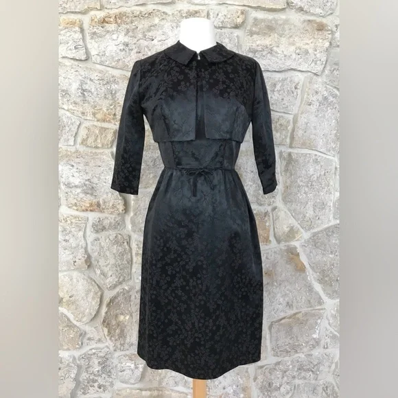 Vintage 50s Black Floral Brocade Dress Set with Kitten Bow Waist Audrey Hepburn - Picture 8 of 16